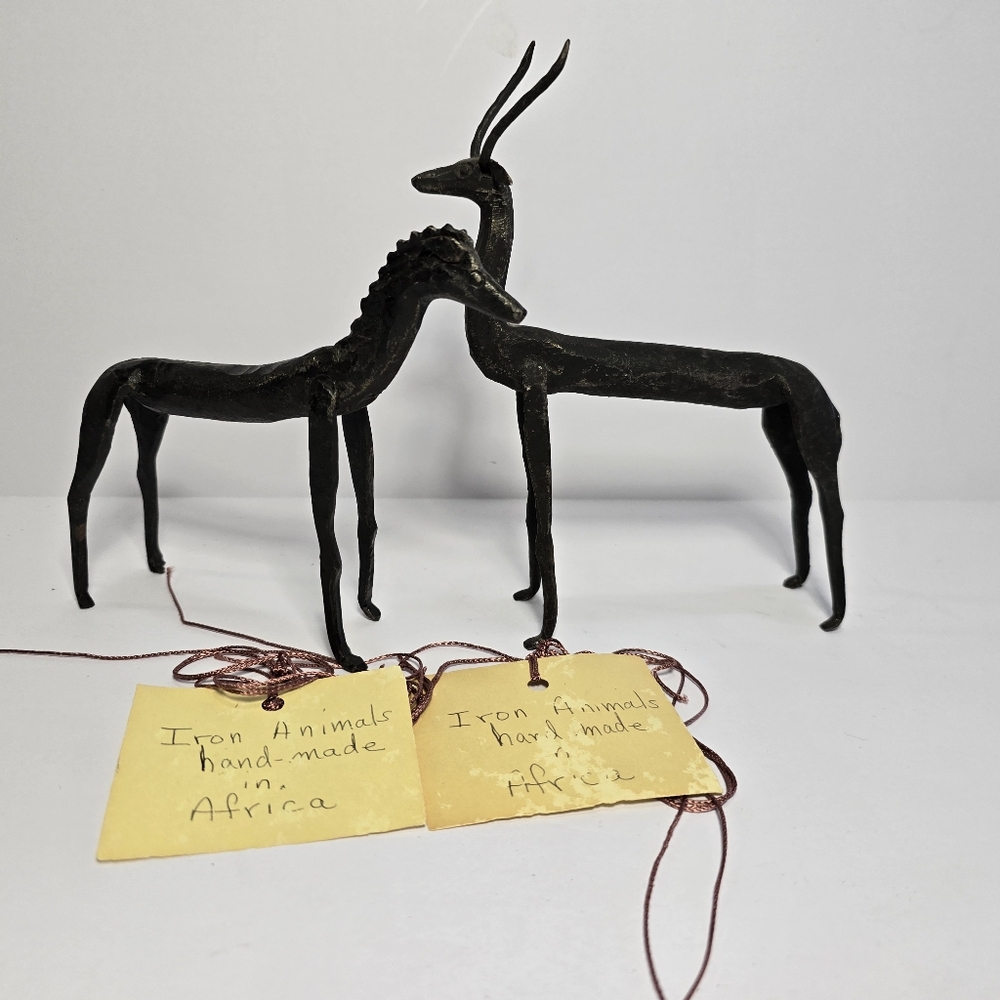 2 Wrought Iron African Brutalist  Animal Form Sculptures Handmade Vintage,
